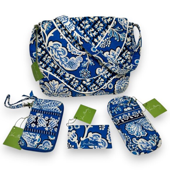 NEW Vera Bradley Blue Lagoon Set Crossbody Purse Double Eye Case Wristlet Retire
